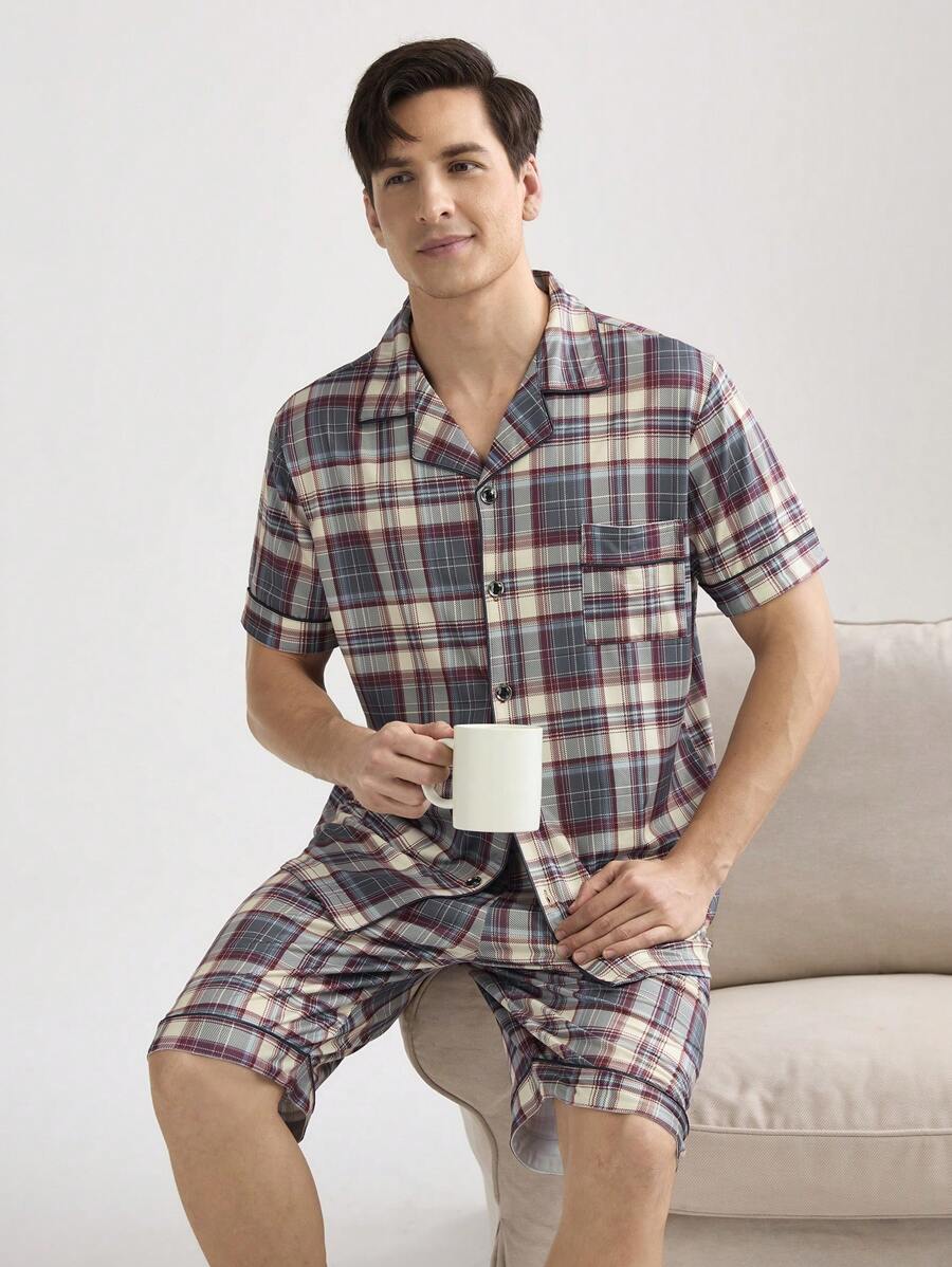 Men's Plaid Short Sleeve And Long Pants Homewear Set - Dark Grey - View 1