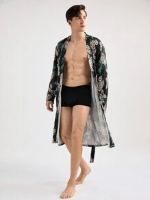 Men's Casual Printed Long Sleeve Robe, Random Design - Multicolor - View 4