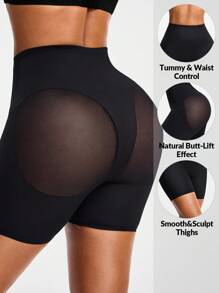 SHAPORA Faja de cintura alta para mujer con unicolor y detalles de malla transparente - Negro - Ver 1