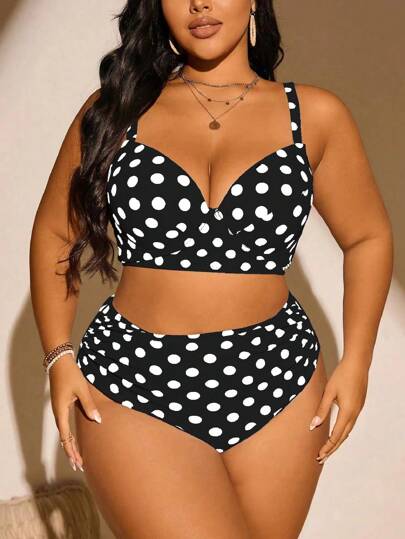 Swim Mod Conjunto de bikini para vacaciones de talla grande con estampado de lunares, incluye Top e inferior de natación para el verano