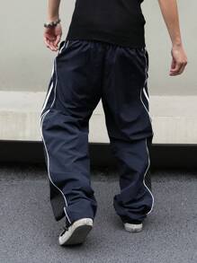 Manfinity Campus Court Men's Casual Color Block Patchwork Drawstring Straight Pants, Going Out Long Colorblock Blue Straight Leg Sweatpants, For Fall - Navy Blue - View 2