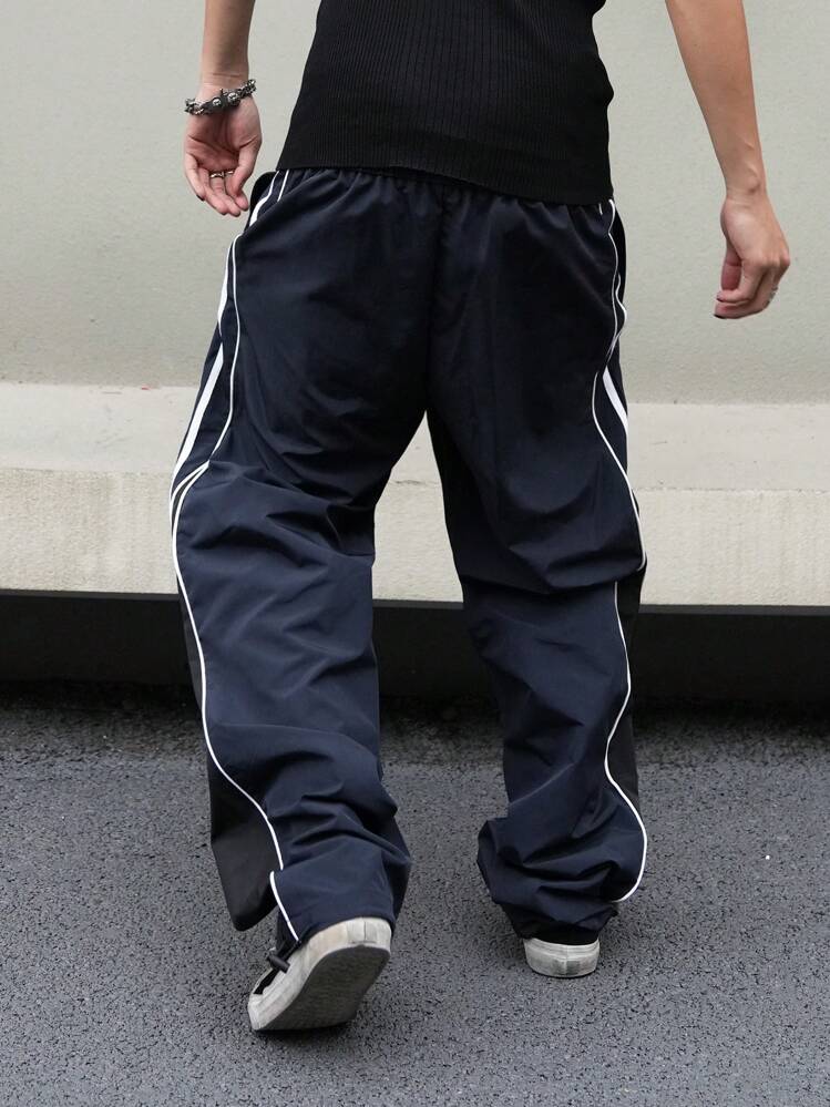 Manfinity Campus Court 男士休闲拼色抽绳直筒裤，外出长款拼色蓝色直筒运动裤，适合秋季 - 藏蓝色 - 查看 2