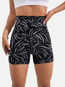 Easithlete 圖案印花寬腰帶運動騎行短褲 - 黑色 - 查看 5