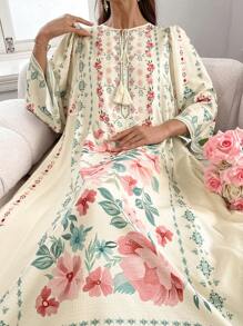 Yasmyna 女式长款花卉蔓藤花纹连衣裙，配有流苏系带领口和喇叭袖，朴素全长长袍，休闲长袖连衣裙 - 黃色 - 查看 7