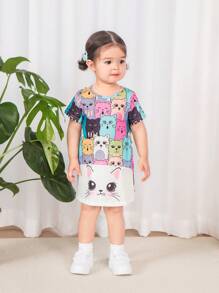 SHEIN Leuke gebreide cartoonpatroon patchwork losse jurk met korte mouwen voor babymeisjes, zomer
