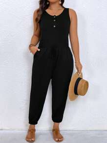 EMERY ROSE Bộ áo liền quần không tay màu trơn cỡ lớn dành cho nữ, kiểu dáng đơn giản - màu đen - Xem 6