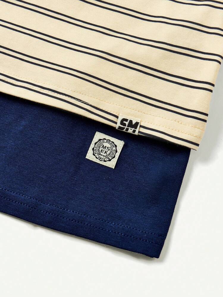 3pcs/Set Baby Boy Striped Pattern & Solid Color Round Neck Half Placket Pullover Tops