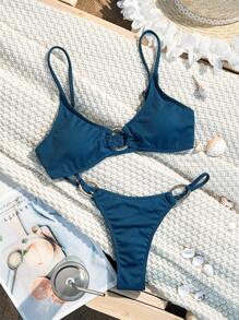 SHEIN Swim 女士纯色圆环连接性感比基尼套装分体比基尼套装适合度假、夏季海滩 - 水鴨藍 - 查看 3