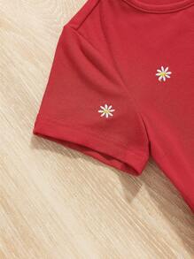 SHEIN Young Girl Knitted Embroidered Solid Color Casual Casual T-Shirt With Round Neck