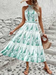 SHEIN LUNE Vestido de vacaciones para mujer con cuello halter impreso, sin mangas y con detalle de huecos y dobladillo de volantes