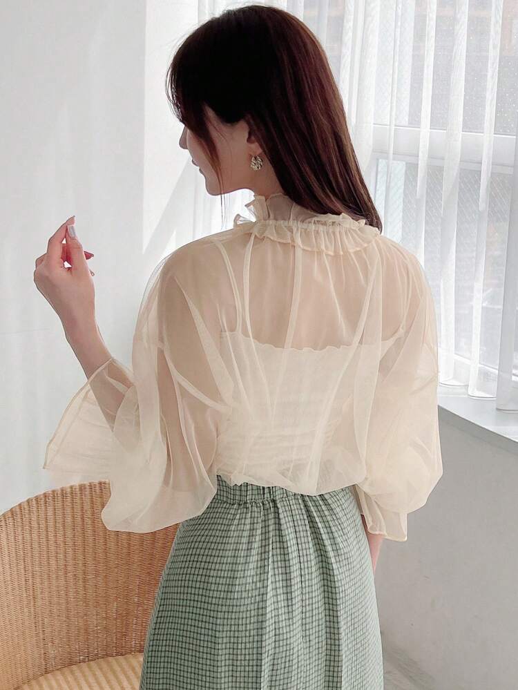 FRIFUL Women's Elegant Solid Color Mesh Sheer Long Sleeve Top For Summer - Apricot - View 5
