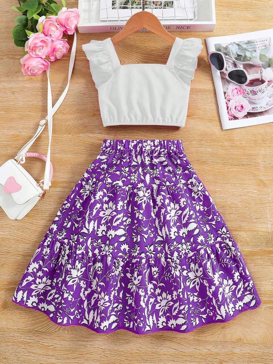 SHEIN Conjunto de top y falda larga sin mangas para fiesta de verano elegante y hermoso para niña joven - Blanco - Ver 1