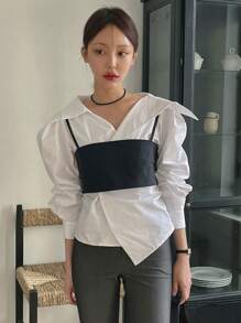 DAZY 女士春夏时尚两件套背心和泡泡袖不对称下摆衬衫长袖上衣