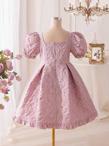 SHEIN Váy phong cách cổ điển của Tween Girl có cổ vuông, tay áo xếp nếp và trang trí nơ - Hồng - Xem 2