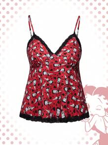Betty Boop | ROMWE Plus Size Full-Print Contrast Lace Bustier Camisole Top For Summer - Burgundy - View 1