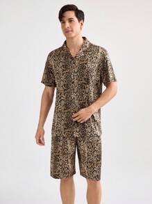 Men's Summer Snake Print Short Sleeve Button-Up Top And Shorts Pajama Set - Brown - View 4