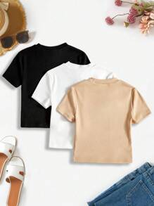 SHEIN LUNE Women's Summer Round Neck Solid Color Heart Leopard Print 3pcs Short Sleeve T-Shirt Set