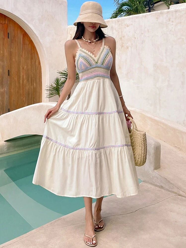 Women's Colorblock Holiday Style Dress,Ruffle Vacation Outfits Women Boho