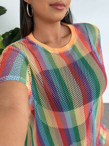 SHEIN EZwear 大码圆领短袖撞色镂空透视夏季连衣裙 - 彩色 - 查看 3