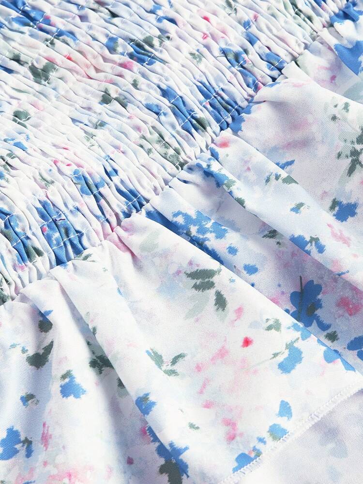 Blue And White Abstract Tie-Dye Floral Print Romantic Ruffle Decorated Slim Fit Women's Strapless Top, Vintage,Spring/Summer