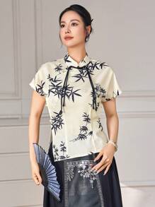 Modelyn 中式立领植物印花优雅短袖汉服上衣，改良型汉服上衣 - 杏色 - 查看 5