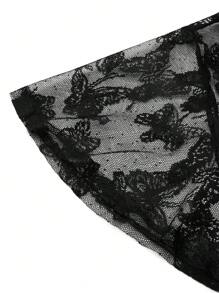 SHEIN LUNE Camisa suelta de manga corta con malla de mariposa de verano para mujer de talla grande con detalles de ojales, frente anudado y volantes - Negro - Ver 6