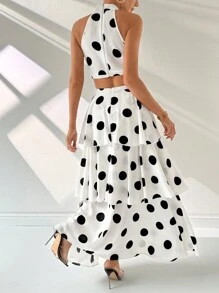 SHEIN Privé 女性款2件套波點印花長裙和背心上衣，適用於度假 - 白色 - 查看 2