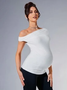 MaterniChic 孕婦舒適午後優雅年輕和成熟斜肩短袖長修身T卹