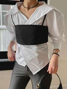 DAZY 女士春夏时尚两件套背心和泡泡袖不对称下摆衬衫长袖上衣