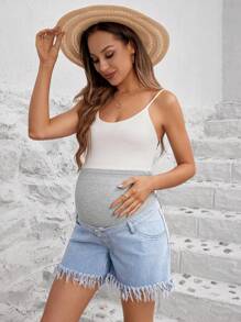 SHEIN Maternity Denim Shorts With Casual Design, Frayed Hem, Knitted Panel And Adjustable Waist - Multicolor - View 4