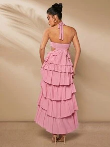 L'Amorae Vestido elegante con corte y volantes en forma de rosa 3D en el cuello halter