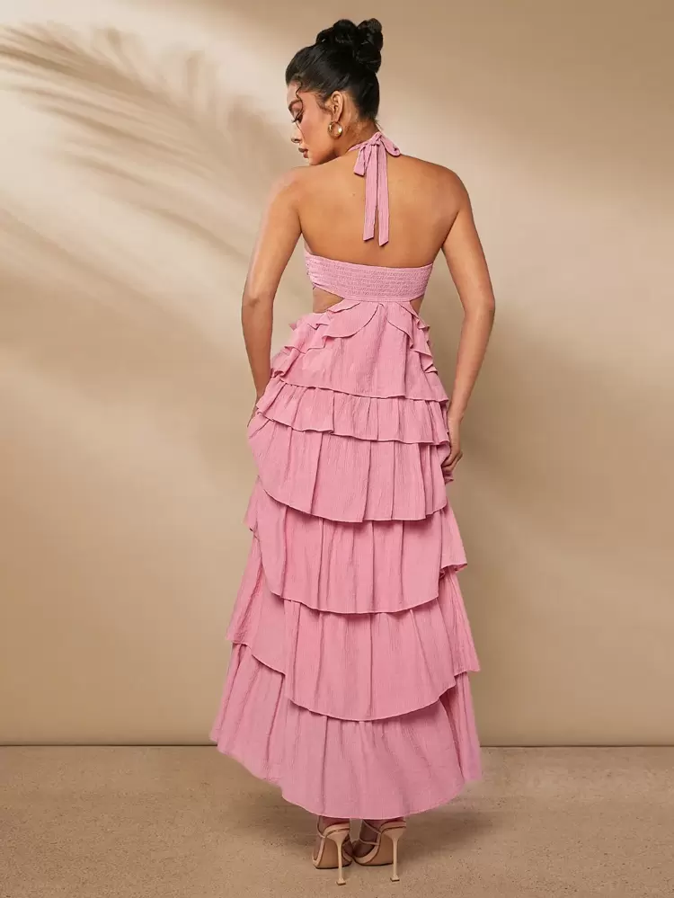 3D Rosette Ruffle Cut Out Halter Elegant Dress