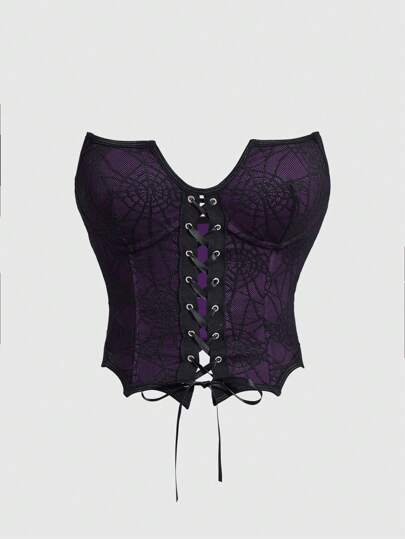 Goth Top senza spalline da donna con design del collo a pipistrello in pizzo ragnatela gotica scuro