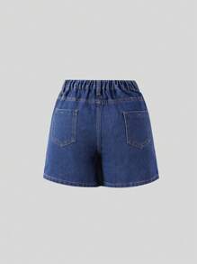 Tween Girl Casual And Cute Flower Printed Light Blue Washed Denim Skort With Elastic Waistband And Button Closure - Dark Wash - View 2