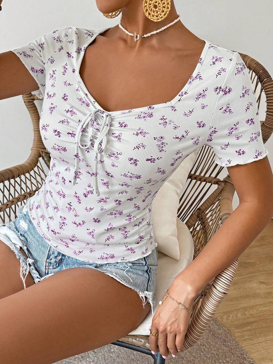 SHEIN Frenchy Women's Summer Floral Printed Drawstring Crop Top Short Sleeve Slim Fit T-Shirt - Mauve Purple - View 1