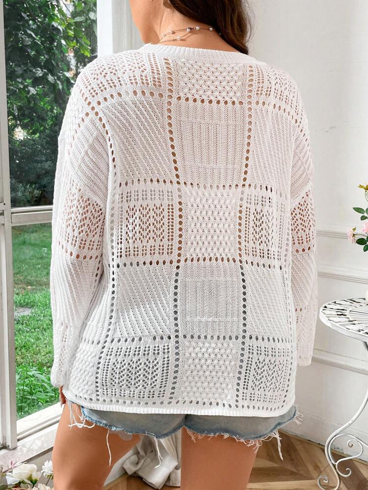 Plus Size Fashionable Hollow Out Drop Shoulder Sweater (Bikini Not Included) Knit Pullover Fall Winter