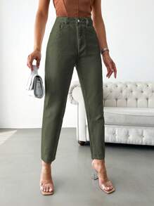 SHEIN Cottnline Solid Color Back Pocket Denim Jeans - Khaki - View 4