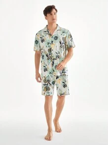 Men's Summer Floral Printed Short Sleeve Shorts Homewear Set
