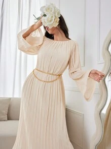 Modelyn Women's Solid Color Pleated Summer Arabic Style Long Sleeve Dress With Round Neckline, Elegant