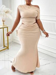 BIUBIU Spring/Summer New Plus Size Elegant Casual Commuter Asymmetrical Slanted Shoulder Collar Pleated Top With Asymmetric Hem And Mermaid-Style Striped Skirt Set