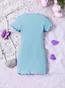 SHEIN Young Girl Knitted Solid Color Butterfly Patterned Casual Dress With Round Neck - Blue - View 2