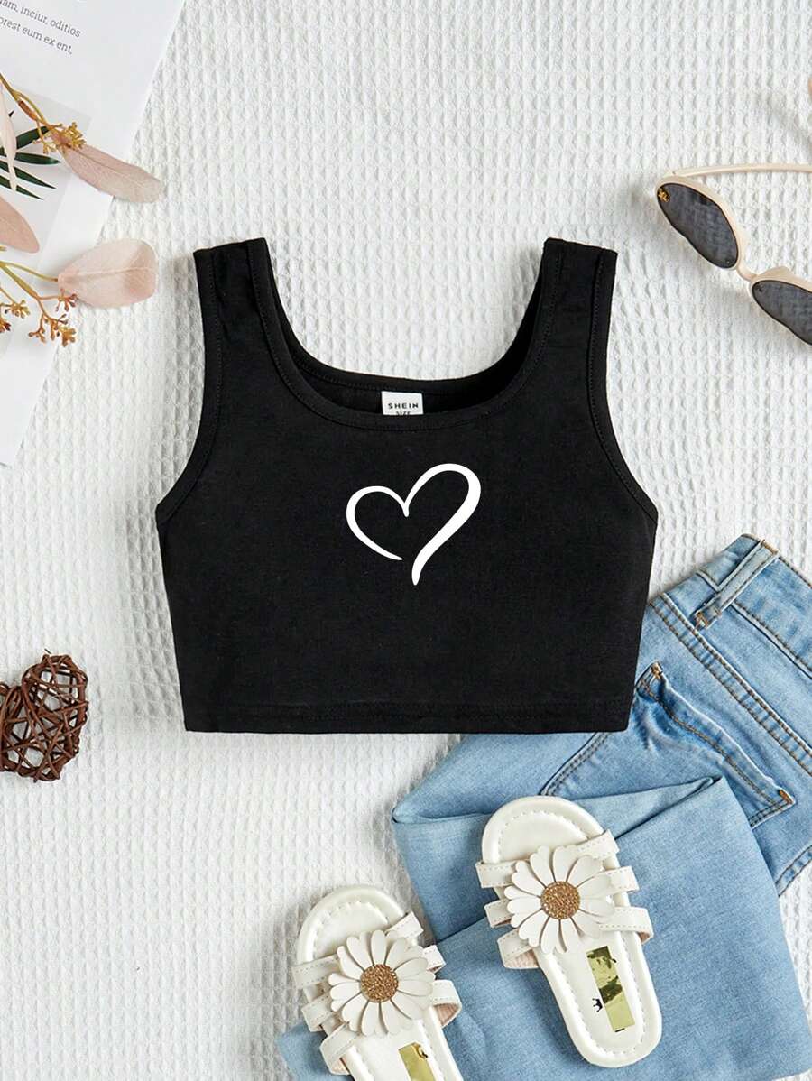 Tops d'été pour jeunes filles, débardeur noir sans manches décontracté et minimaliste avec motif de cœur, idéal pour l'été - Noir - Voir 1