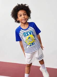 LOONEY TUNES X SHEIN 男孩卡通字母印花套裝，短袖連Raglan袖條紋休閒T恤和短褲，夏季短袖套裝 - 藍色 - 查看 5