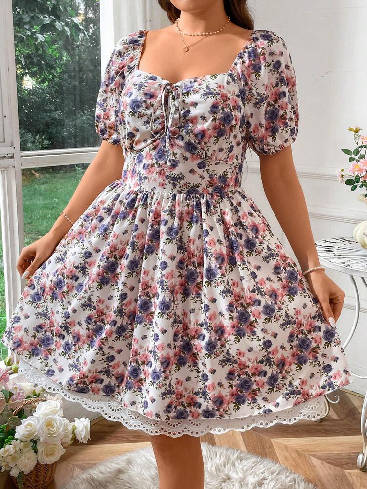 Digital Print Plus Size Square Neckline Dress