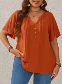 EMERY ROSE 加大尺碼女裝紋理襯衫，帶有條紋和荷葉邊袖子細節，木扣裝飾，圓領黃色媽媽夏季衫 - 鏽棕色 - 查看 3