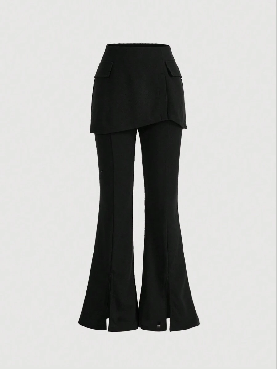 SHEIN MOD Plus Size Women's Black False Two Front Slit Flared Pants Long Trousers