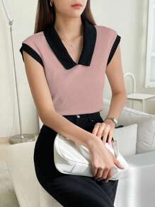 DAZY 女士夏季拼色Polo領口休閒短袖T卹