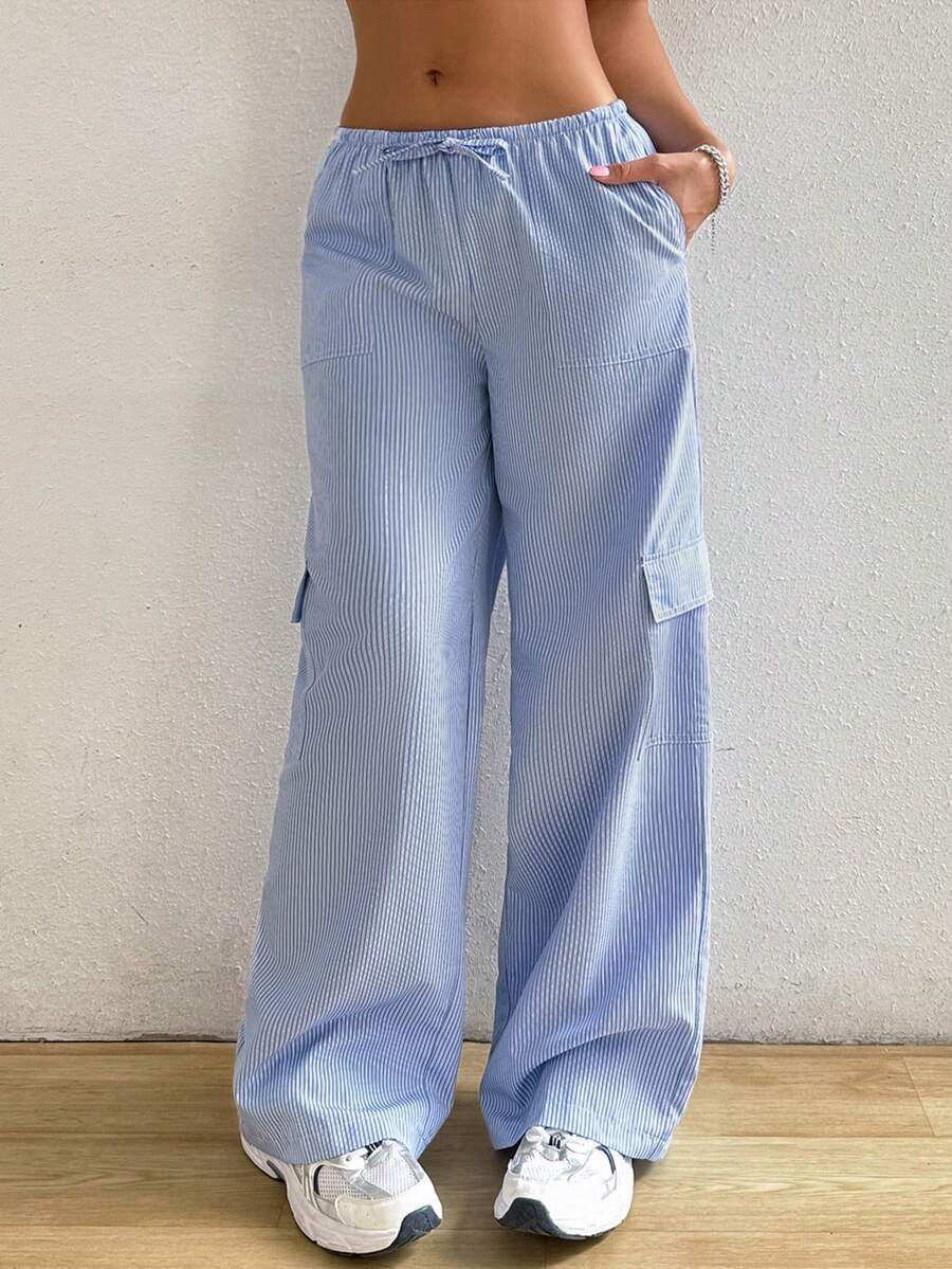 SHEIN EZwear Pantalones anchos y rayados de uso diario sueltos y con estilo para mujer, de verano - Azul - Ver 1