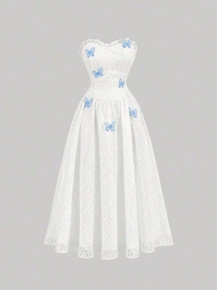 SHEIN MOD Vestido blanco de encaje sin tirantes vintage/Vestido estampado de mariposas azules, Vestido blanco de graduación, Vestido de boda elegante, Vestido de dama de honor - Blanco - Añade 1