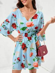 SHEIN Clasi 女款褶皺全印花收腰連衣裙 - 彩色 - 查看 1